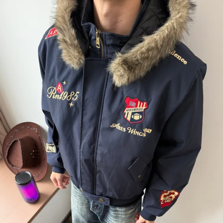 UKGF美式复古刺绣徽章座山雕棉衣外套男女冬季小众加厚保暖夹克潮