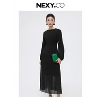【晨粉专享价】NEXY.CO/奈蔻2025年秋季泡泡袖中长款圆领连衣裙女士