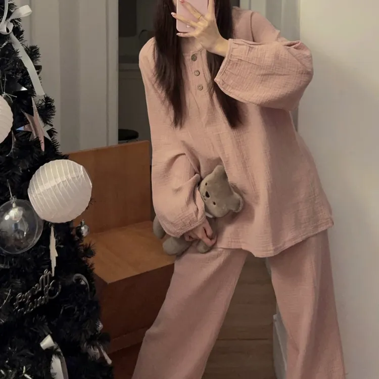 韩版新款睡衣女2025年爆款纯棉长袖简约宽松全棉纱布休闲家居服秋