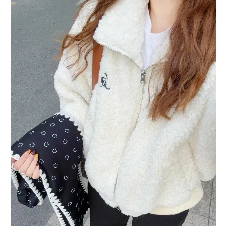 韩系白色羊羔绒毛绒拉链外套女百搭高领秋冬新款宽松休闲长袖上衣