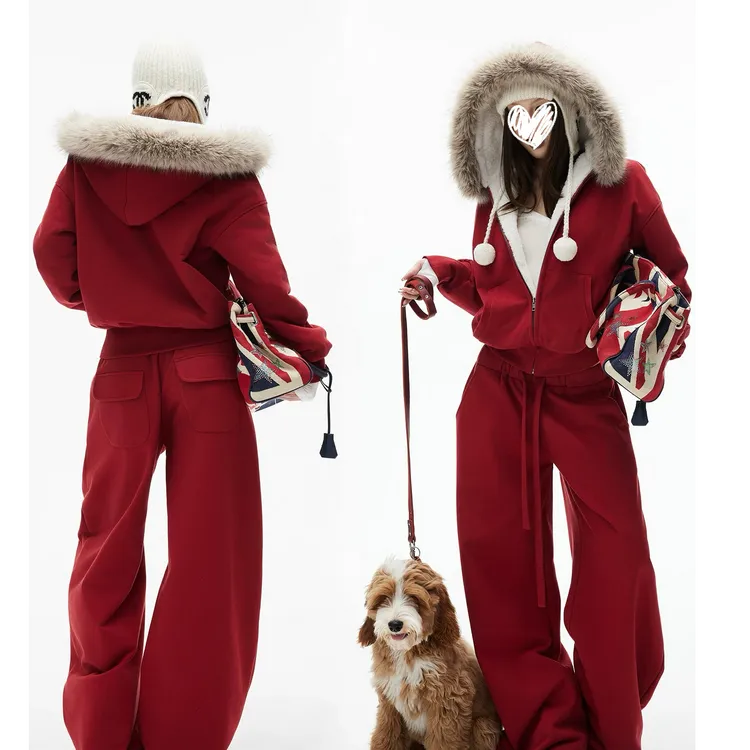 2025新款红色连帽加绒卫衣外套女秋冬季加厚休闲运动裤两件套装