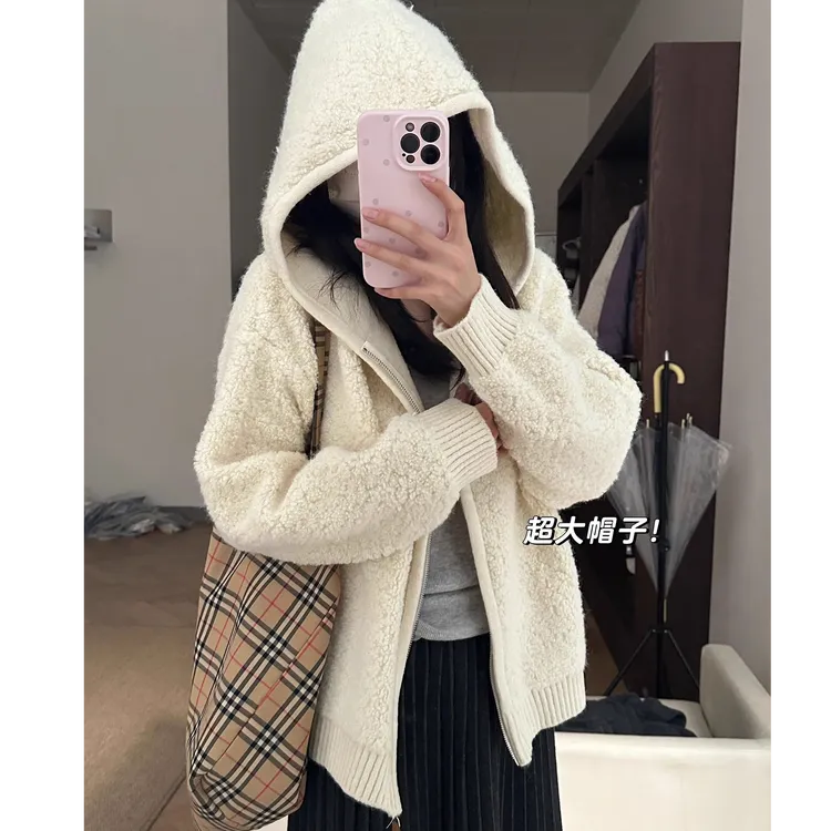 奶fufu连帽拉链毛绒开衫外套女2025秋冬新款宽松慵懒针织衫上衣