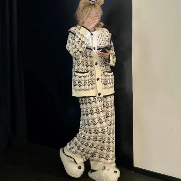 法式复古半边绒睡衣女秋冬加厚开衫半边绒家居服睡衣套装可外穿