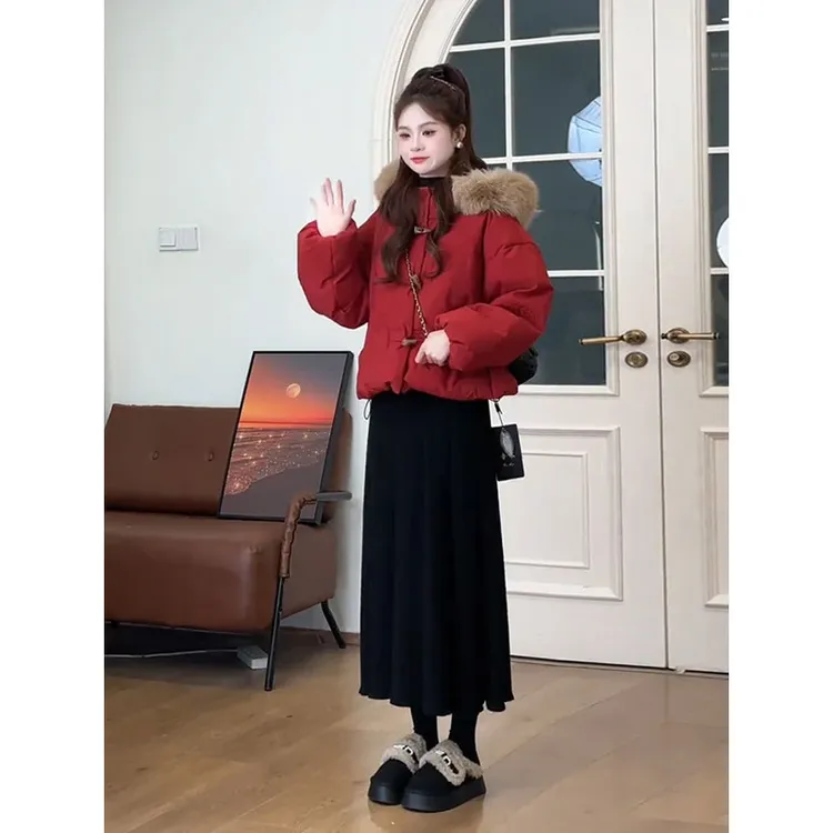女装新款过年红色战袍连帽毛领棉服棉衣外套半身裙两件套装