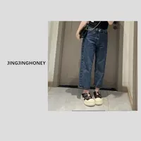 静静哈尼  【高腰显瘦法棍裤】新款高腰水洗蓝直筒牛仔裤K82502