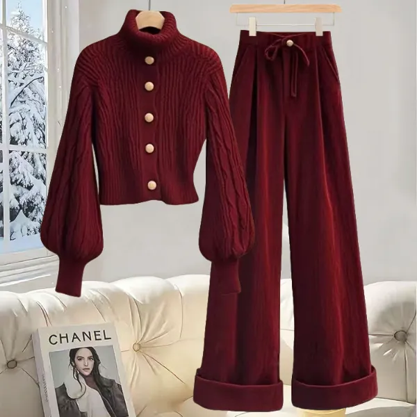 一整套入冬穿搭2025新款大方得体酒红色高领灯笼袖毛衣长裤两件套