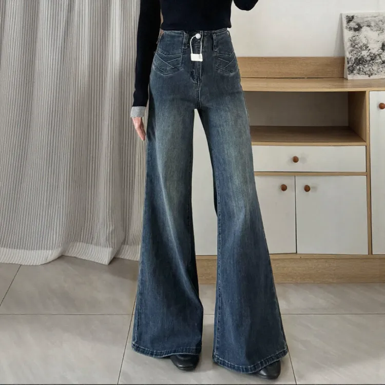 气质港风复古微喇牛仔裤女秋新款大码胖mm高腰显瘦垂感阔腿拖地裤