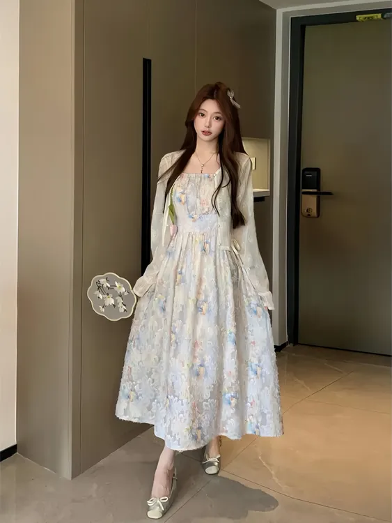 法式气质温柔风吊带连衣裙粉嫩少女碎花裙子仙甜美显瘦开衫套装女