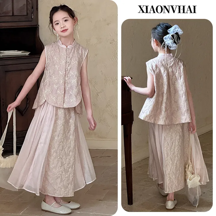 小女孩新中式无袖古风套装6-15岁女童唯美洋气2025新款两件套汉服
