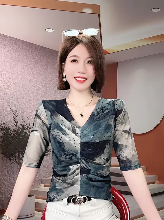 百搭时尚气质水墨印花半袖上衣时髦洋气压褶内搭打底衫T恤2025春