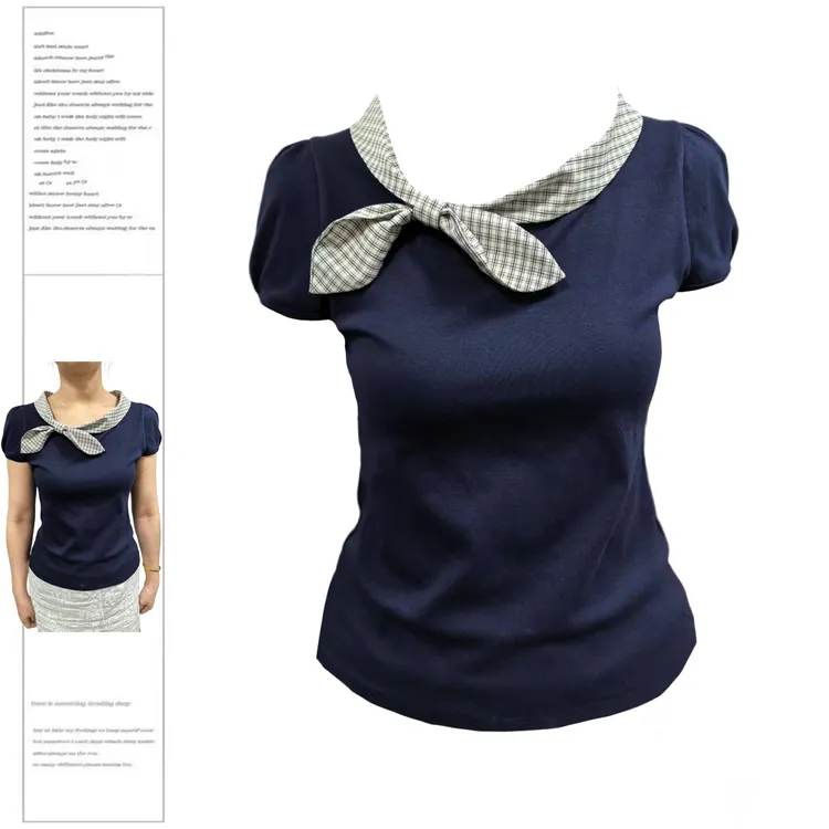 A MidnitStar夏季法式假两件拼接水手领绑带显瘦气质V领上衣女夏