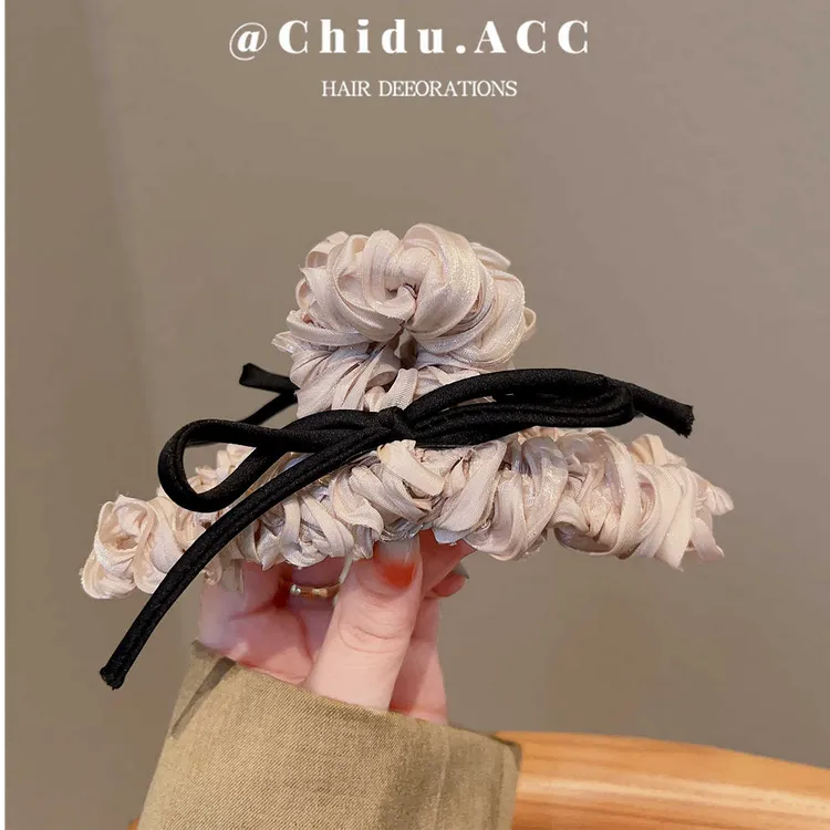 温柔米色～韩国新款缎面褶皱蝴蝶结抓夹高级感后脑勺大号鲨鱼夹女