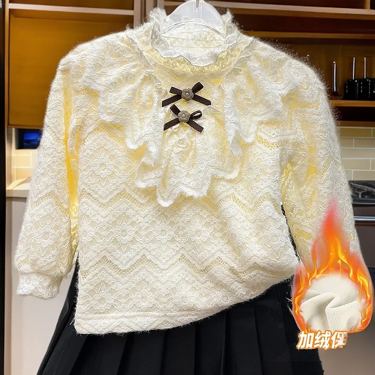 女童蕾丝打底衫加绒加厚冬新甜美小香风双蝴蝶结中高领内衣3968