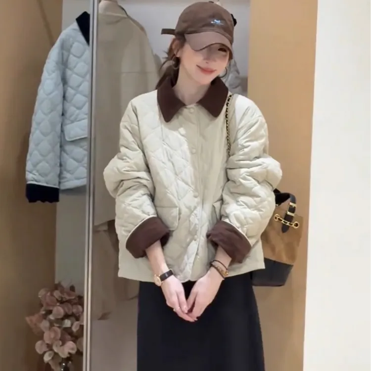 翻领拼接厚款女常规薄款棉衣棉服秋冬套装收腰休闲