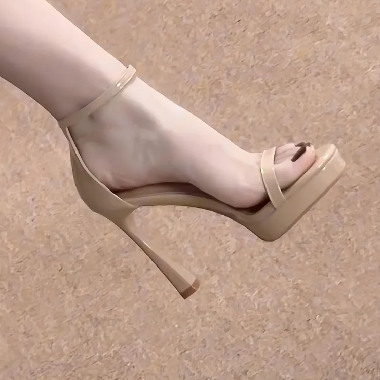 2025年新款夏季防水台一字带高跟鞋裸色性感百搭细跟11CM凉鞋