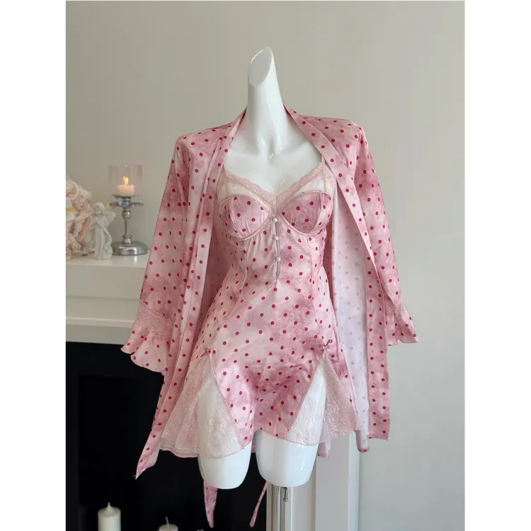【嫣红波点】 法式纯欲波点带胸垫吊带睡衣裙性感蕾丝深v家居服套装