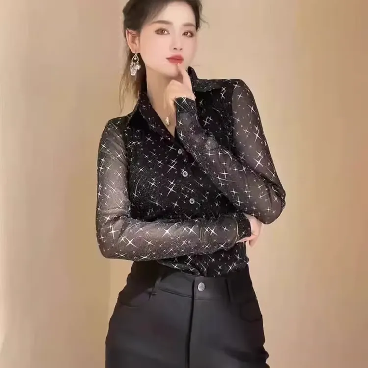 友阿商场玛施嫚2025春款翻领修身印花网纱长袖衬衫上衣女1300782