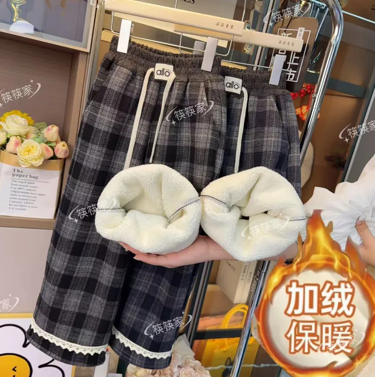 （女童加绒格子裤加厚）儿童秋冬保暖休闲字母花边阔腿裤