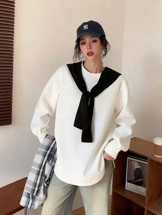 【披肩两件套】新款 秋季新款  宽松时尚 打底圆领长袖 圆弧下摆