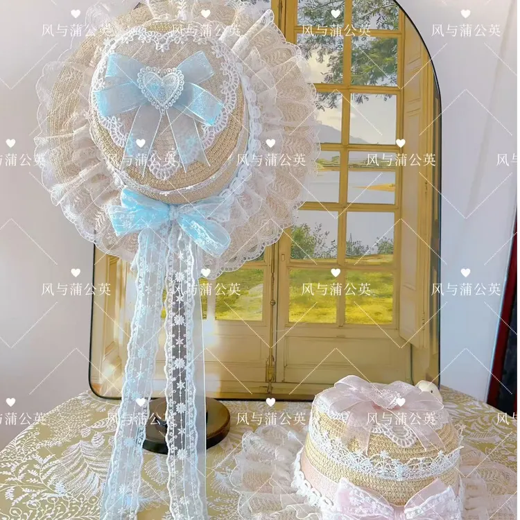 原创帽子梦幻公主风重工蕾丝蝴蝶结可爱甜美清凉感草编帽帽成人款