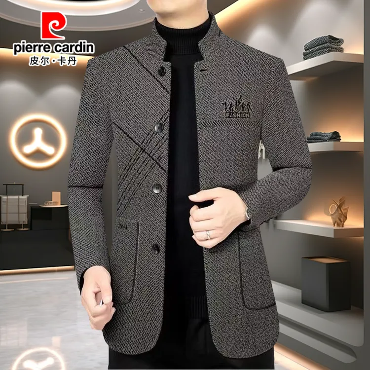 皮尔卡丹秋季中年西装休闲高档夹克西服商务外套修身立领保暖上衣