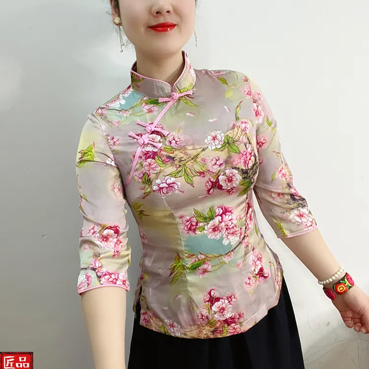 傲雪原创常规款上衣复古中袖夏季显瘦立领茶服民族风长袖印染唐装