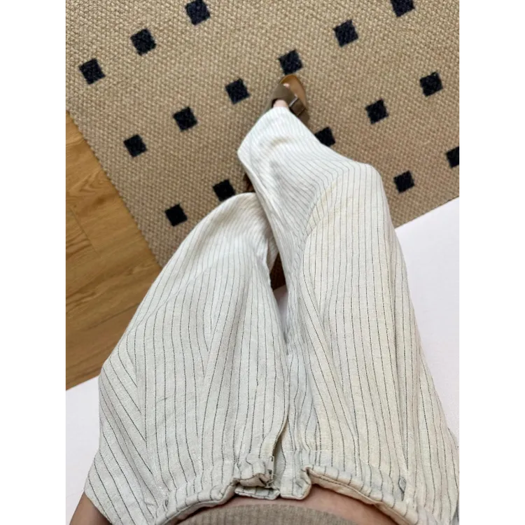 韩版简约棉麻条纹睡裤女长裤夏季2025新款居家休闲裤外穿遛弯裤子