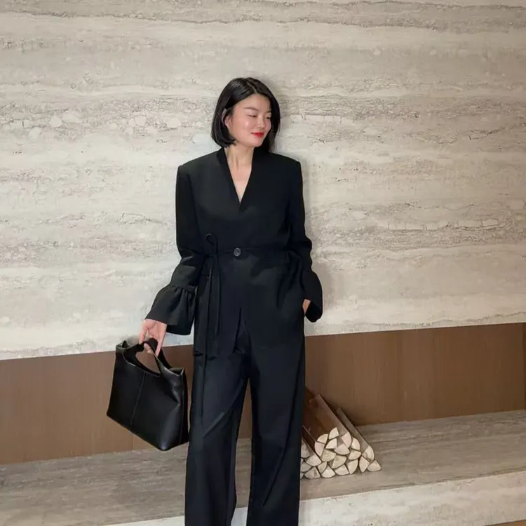 TANTAN 气质显瘦系带V领法式秋季西装外套3089