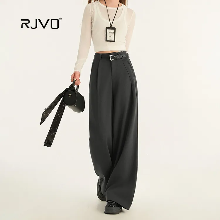 RJVO灰色褶皱高腰西装裤女春季新款时尚简约休闲裤气质百搭长裤