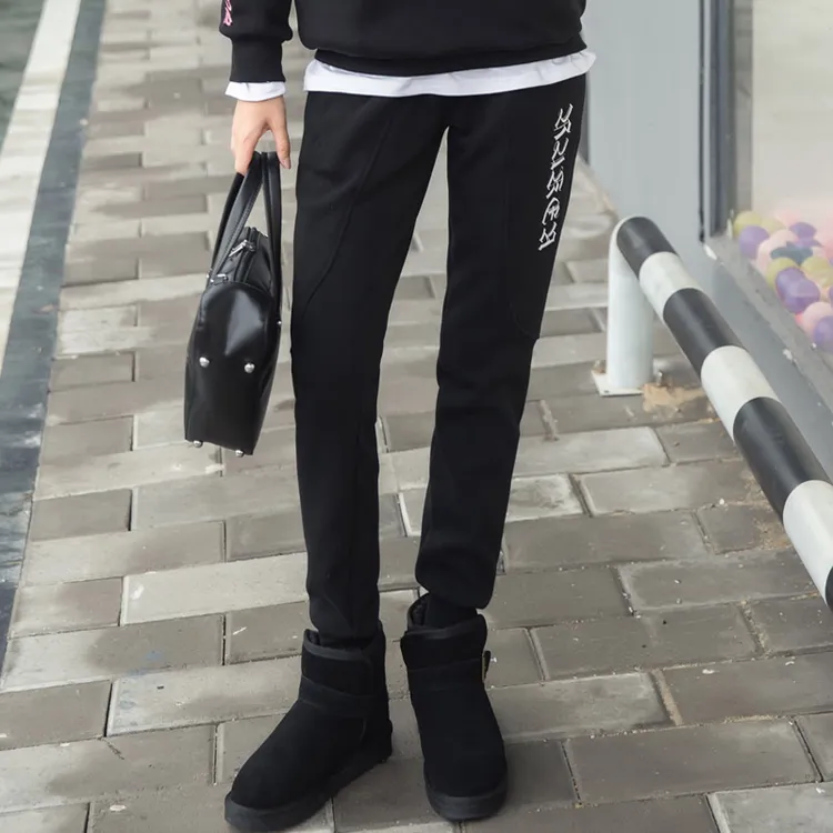 黑色加绒运动裤女秋冬松紧腰宽松大码美式休闲长裤不倒绒收口卫裤