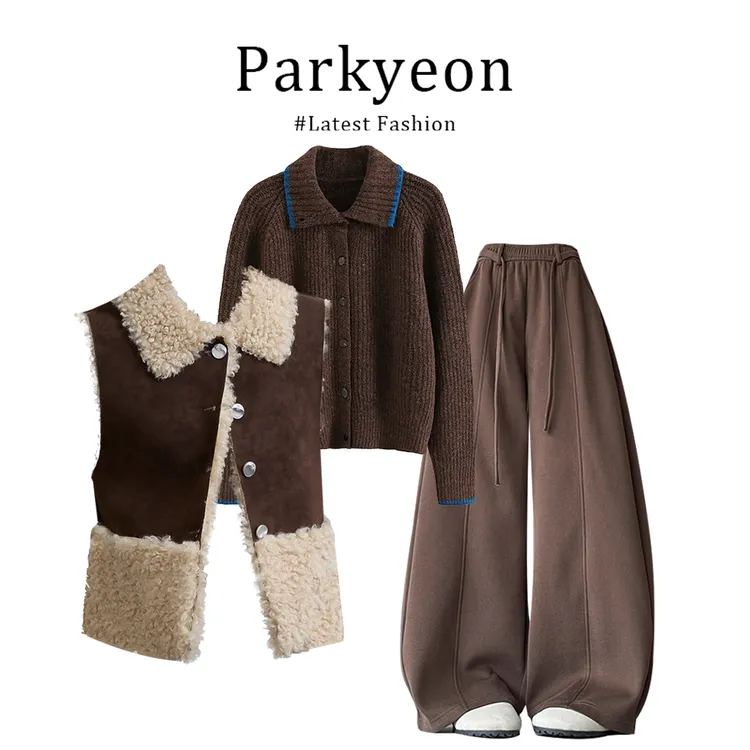 美拉德复古翻领马甲背心叠穿打底衫上衣休闲裤三件套装