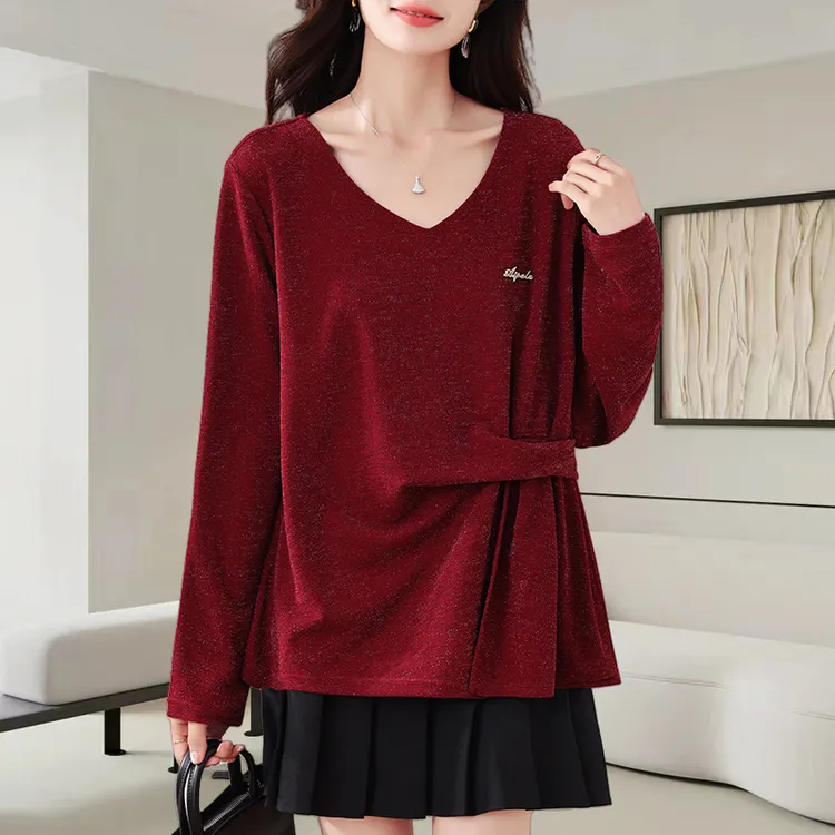 时尚休闲红色V领长袖T恤女2025早秋季新款设计感外穿打底百搭上衣