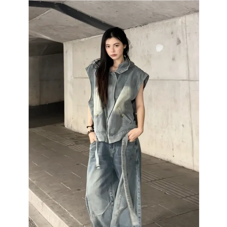 美式复古做旧牛仔无袖马甲背心外套男女潮牌宽松短款百搭上衣ins