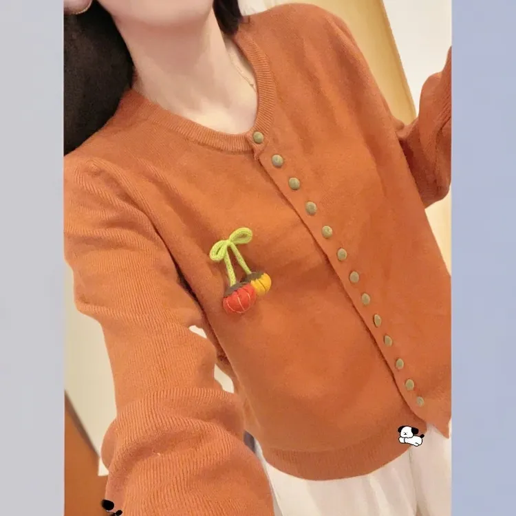 205长袖针织圆领绣花百搭毛针织衫秋季植物花卉女洋气