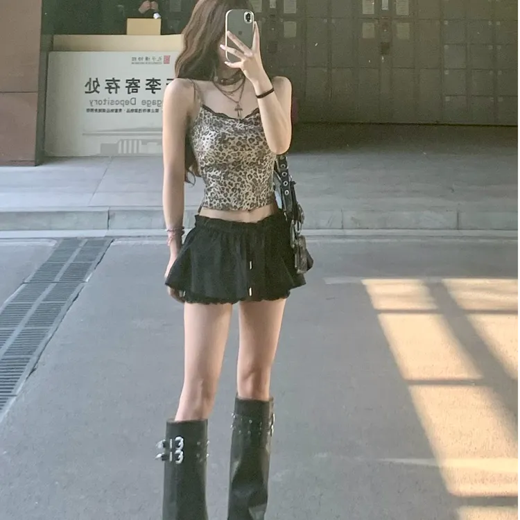 辣妹气质蕾丝拼接豹纹吊带背心女夏季高级感短款修身上衣短裙套装