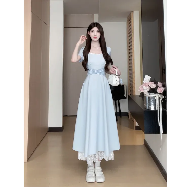 松本丧丧法式气质方领格子绑带夏季设计感裙子B251Q0793