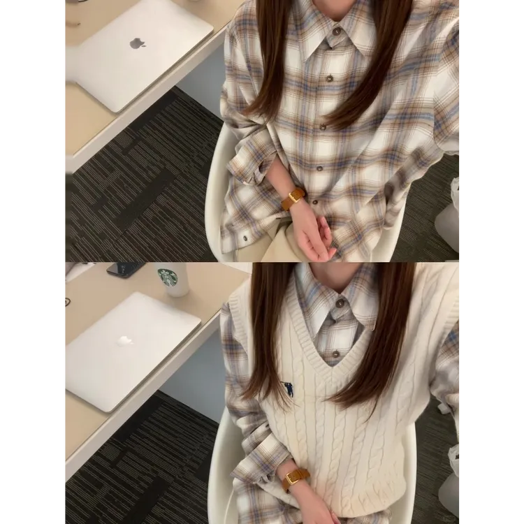 秋冬穿搭韩系慵懒灰咖格子衬衫+百搭针织毛衣马甲背心两件套装女