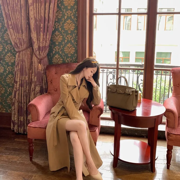 佐佐家小个子 休闲气质长款双排扣收腰风衣春秋季女显瘦随性外套