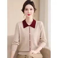 撞色翻领套头针织衫女2025秋季新款中年妈妈装宽松洋气长袖气质款