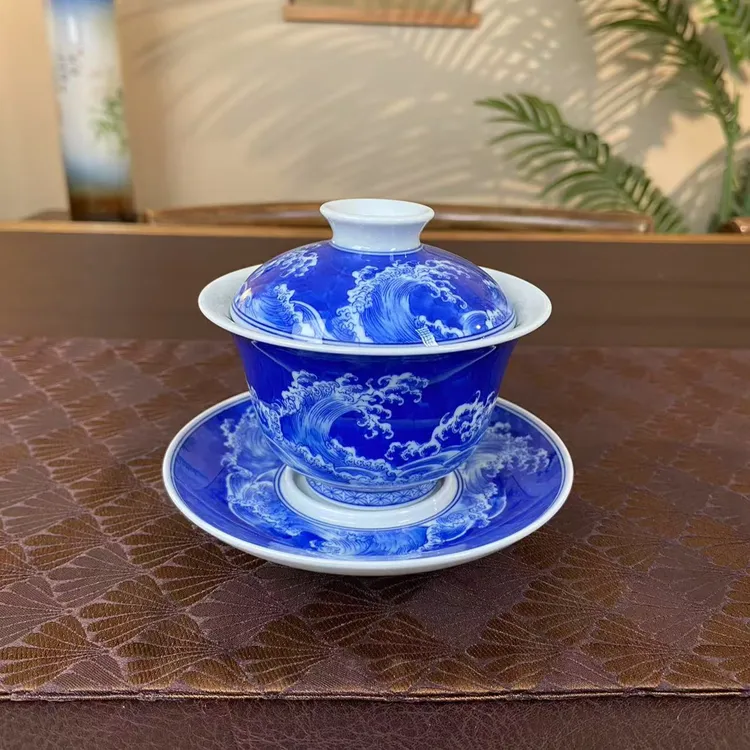 【陶月楼】蓝底海浪纹三才盖碗 景德镇纯手工手绘茶器茶具
