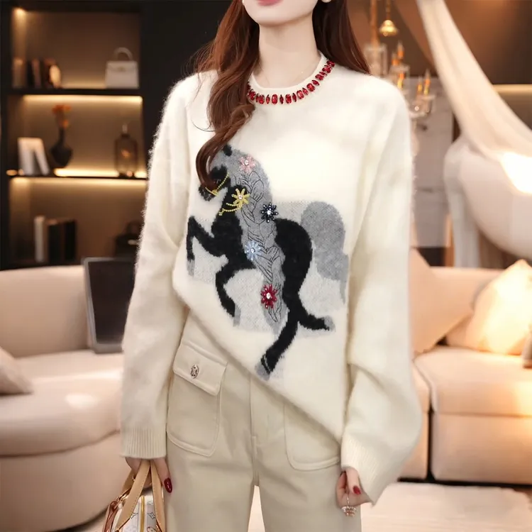 重工设计感串钻花朵小马针织衫女秋冬新款软糯舒适感绝美毛衣8515