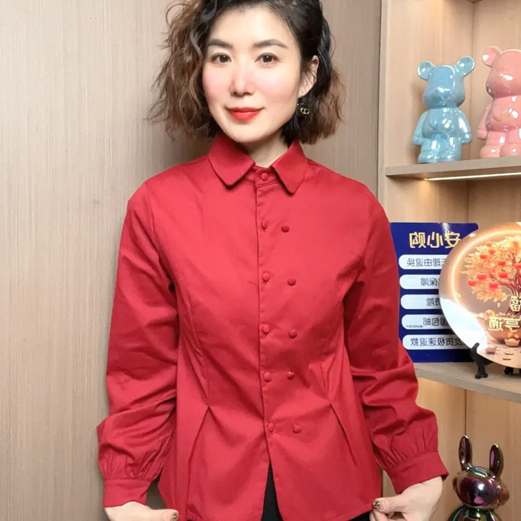 长袖翻领保暖女士春季加绒衬衫女士修身外套显瘦春秋气质衬衣短款