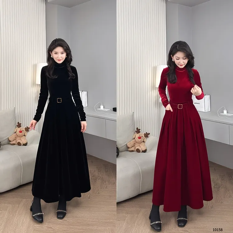 Saeda女装名媛千金风连衣裙重要场合穿搭红色丝绒高领裙子YF10158