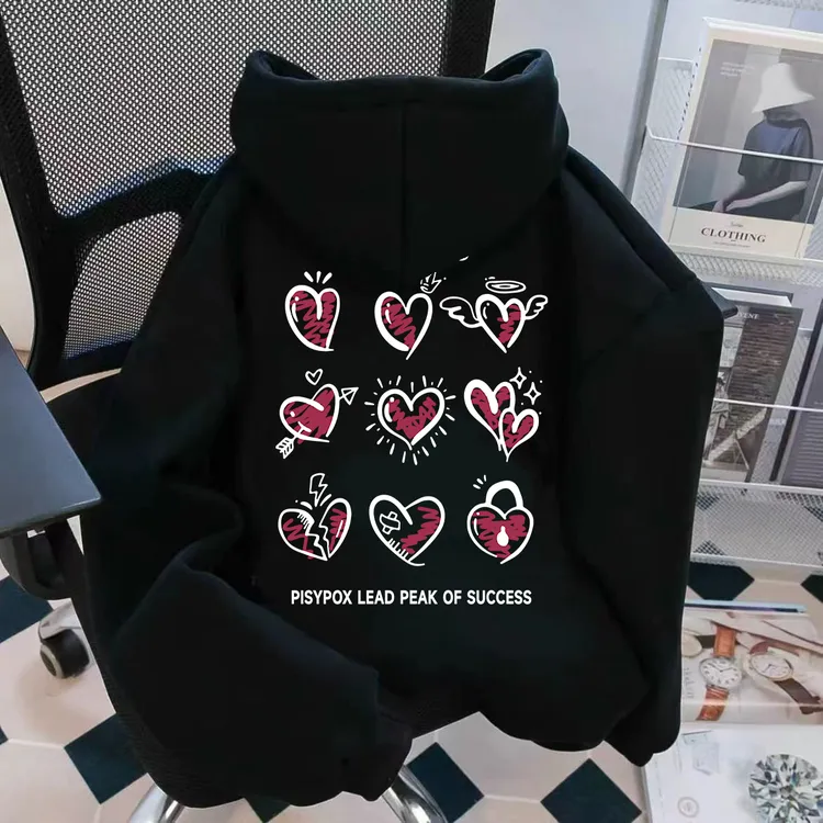 重磅加绒加厚连帽卫衣创意爱心宫格印花潮牌秋冬新款情侣男装外套