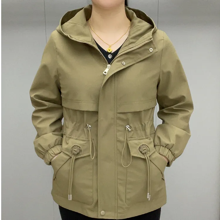 连帽中长款春秋女士薄款修身型风衣工装法式外套长袖上衣绑带外套