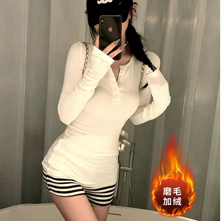 秋冬加绒亨利半开领纯欲内搭长袖打底衫美式辣妹收腰显瘦百搭上衣