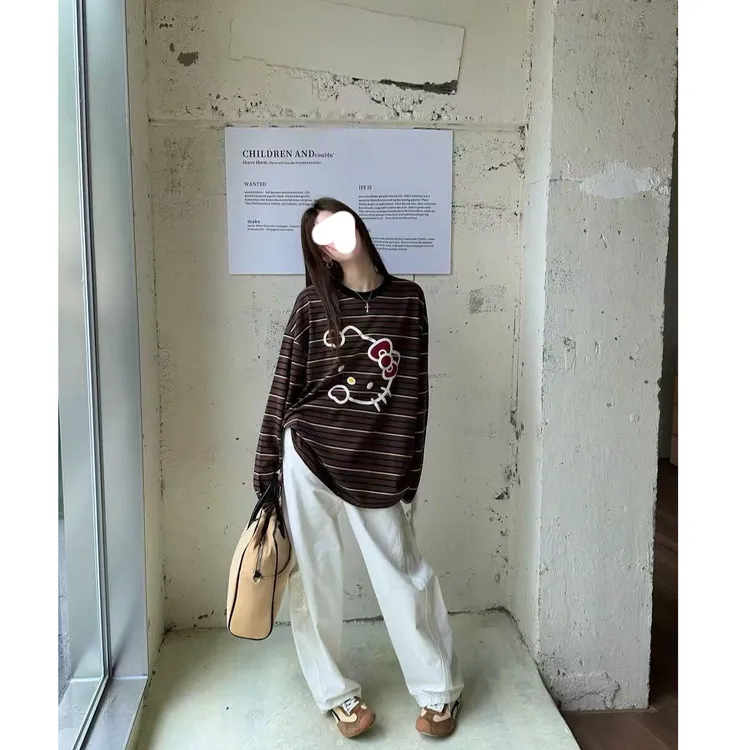 【运补6】秋季新款卡通Kitty猫条纹圆领条纹宽松长袖T恤