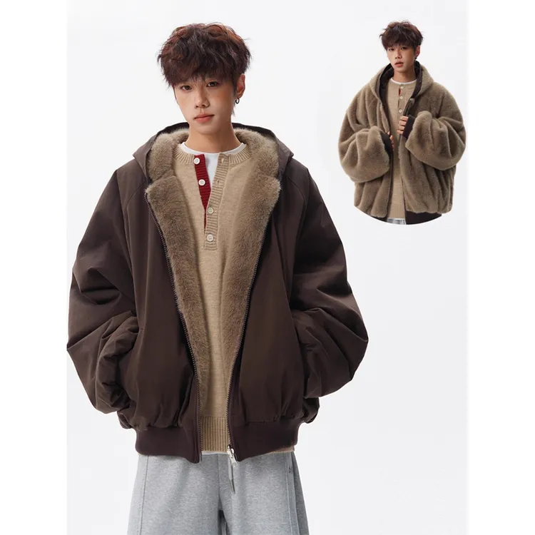 冬装双面穿棕色双面穿连帽仿兔毛男冬季潮牌座山雕外套复古棉衣