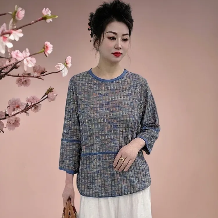 秋季中老年大码女装时尚高端百搭宽松圆领七分袖显瘦上衣妈妈装