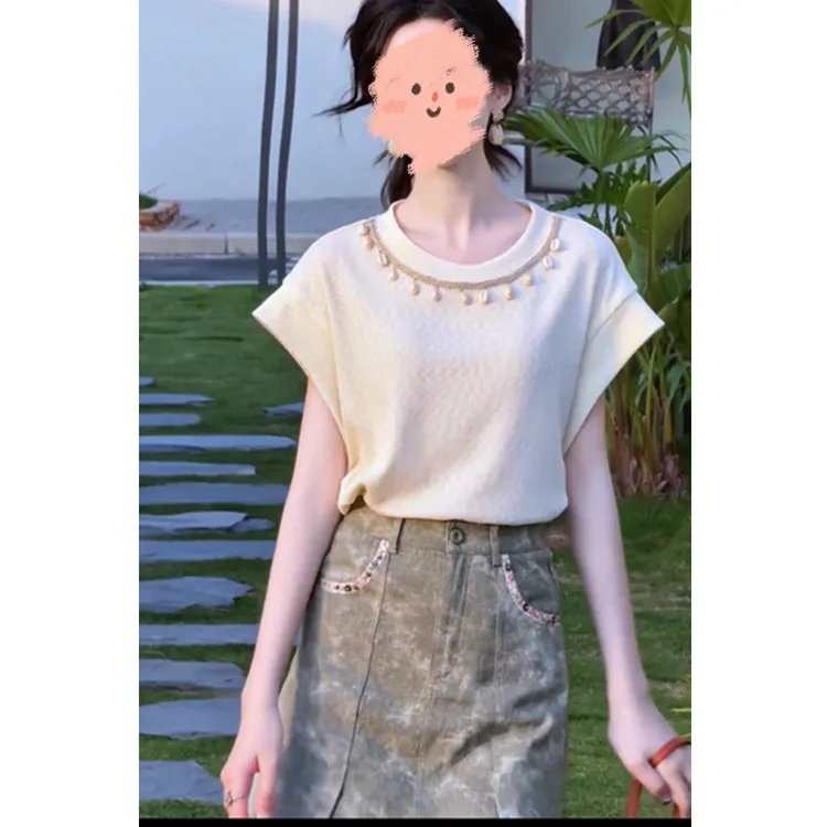 夏季新款韩系温柔风百搭修身显瘦短袖针织上衣高腰A字洋气短裤裙